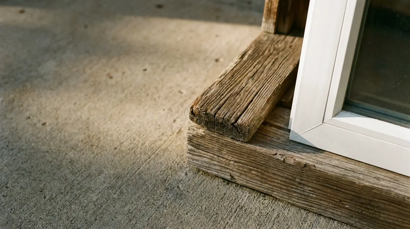 Weathered wooden step and white window frame on concrete surface with soft sunlight