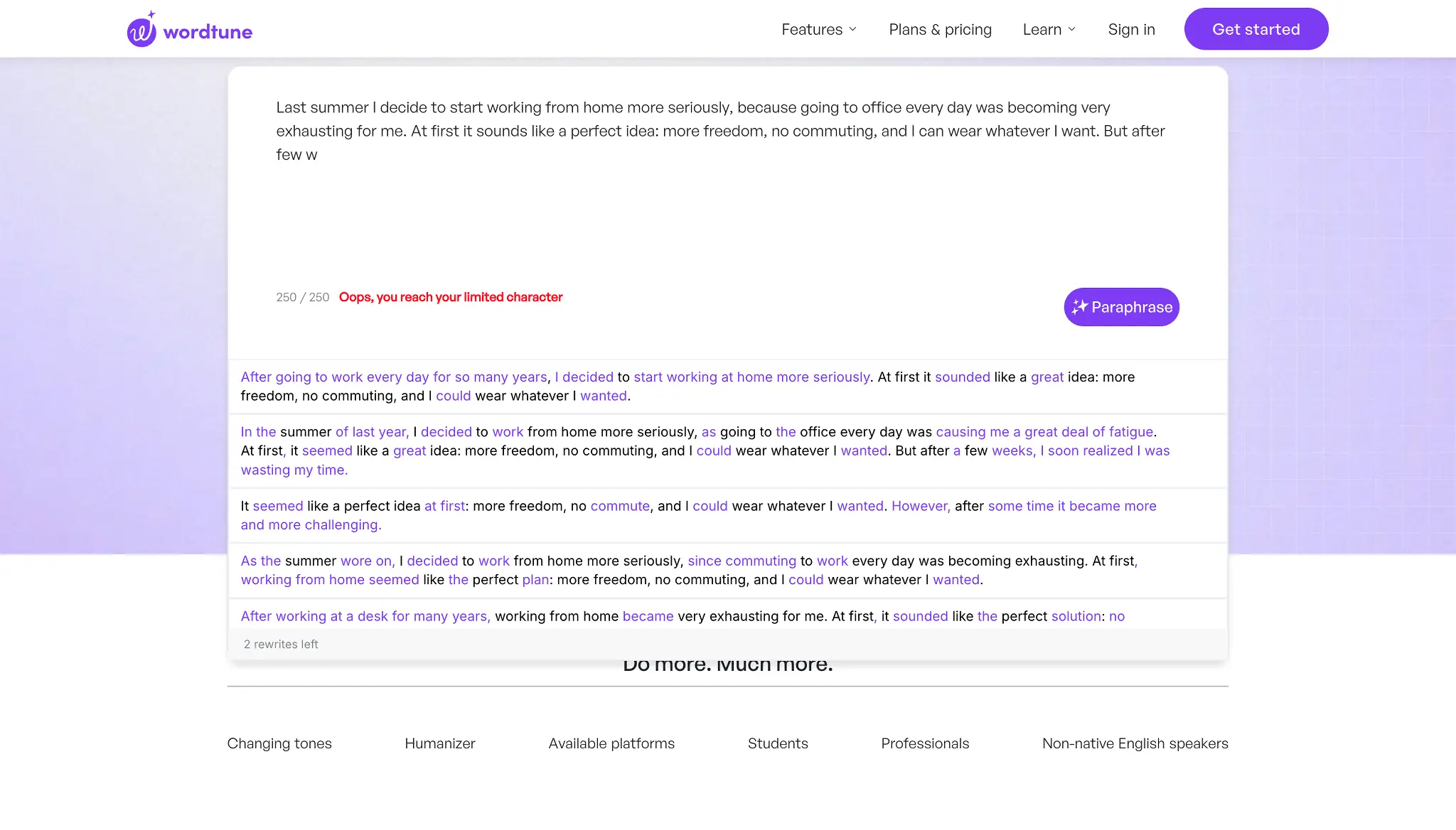 Paraphrasing tool interface with highlighted text and options for rewriting in purple box
