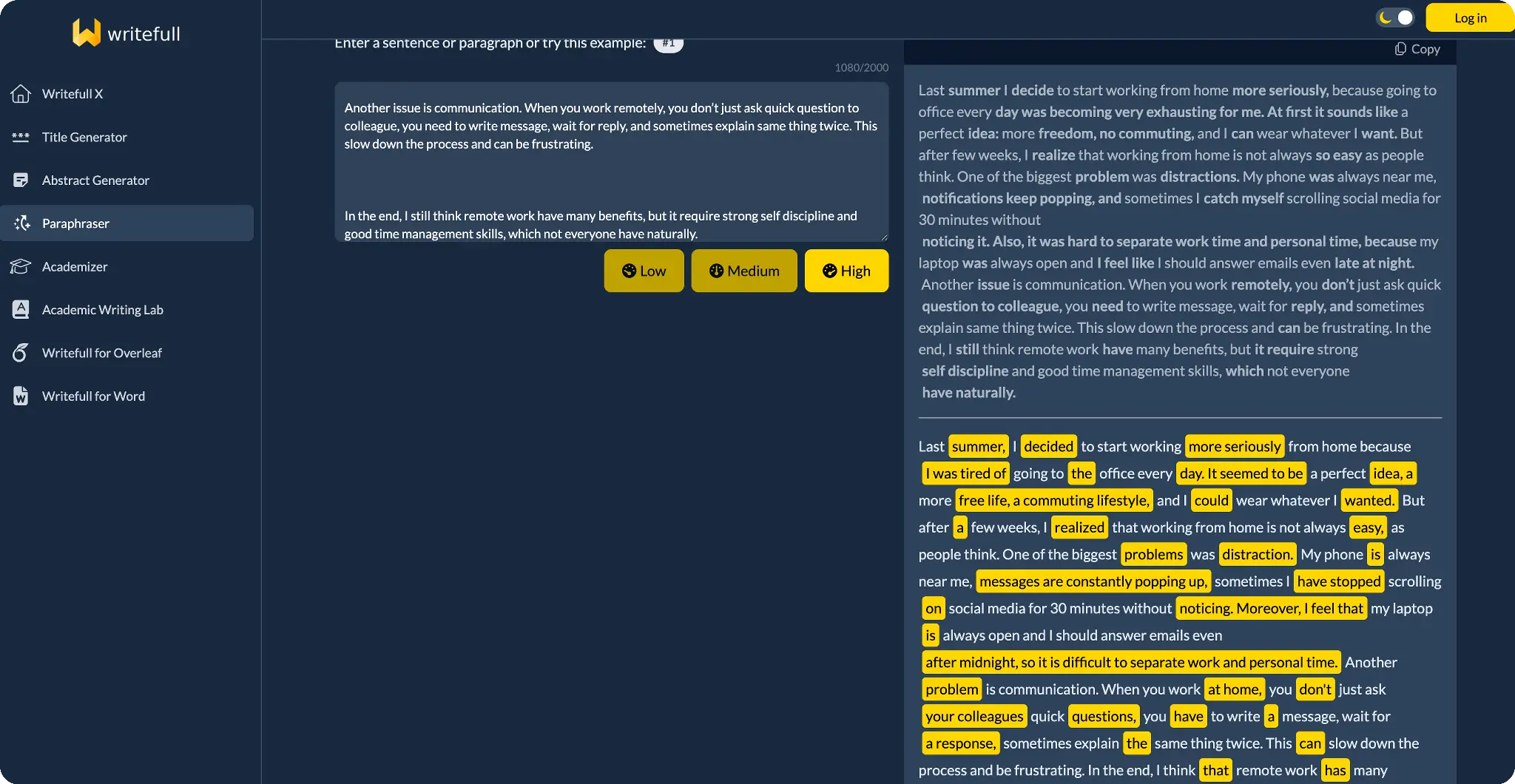 Paraphrasing tool interface with highlighted text and control buttons on a computer screen