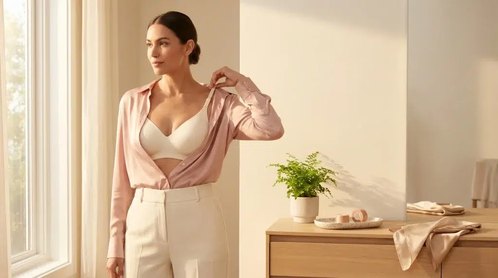 Woman adjusting pink shirt in bright room with potted plant on wooden dresser