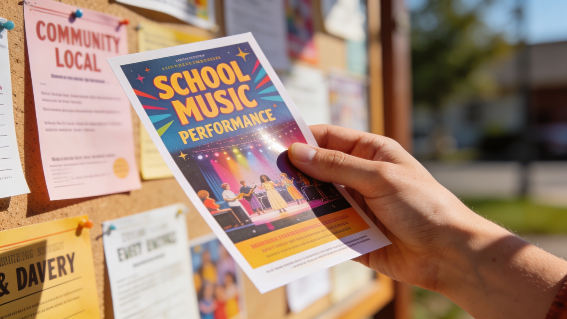 A hand holding a printed school musical flyer in front of a community bulletin board with local event notices, representing grassroots marketing for a JR Musical performance.