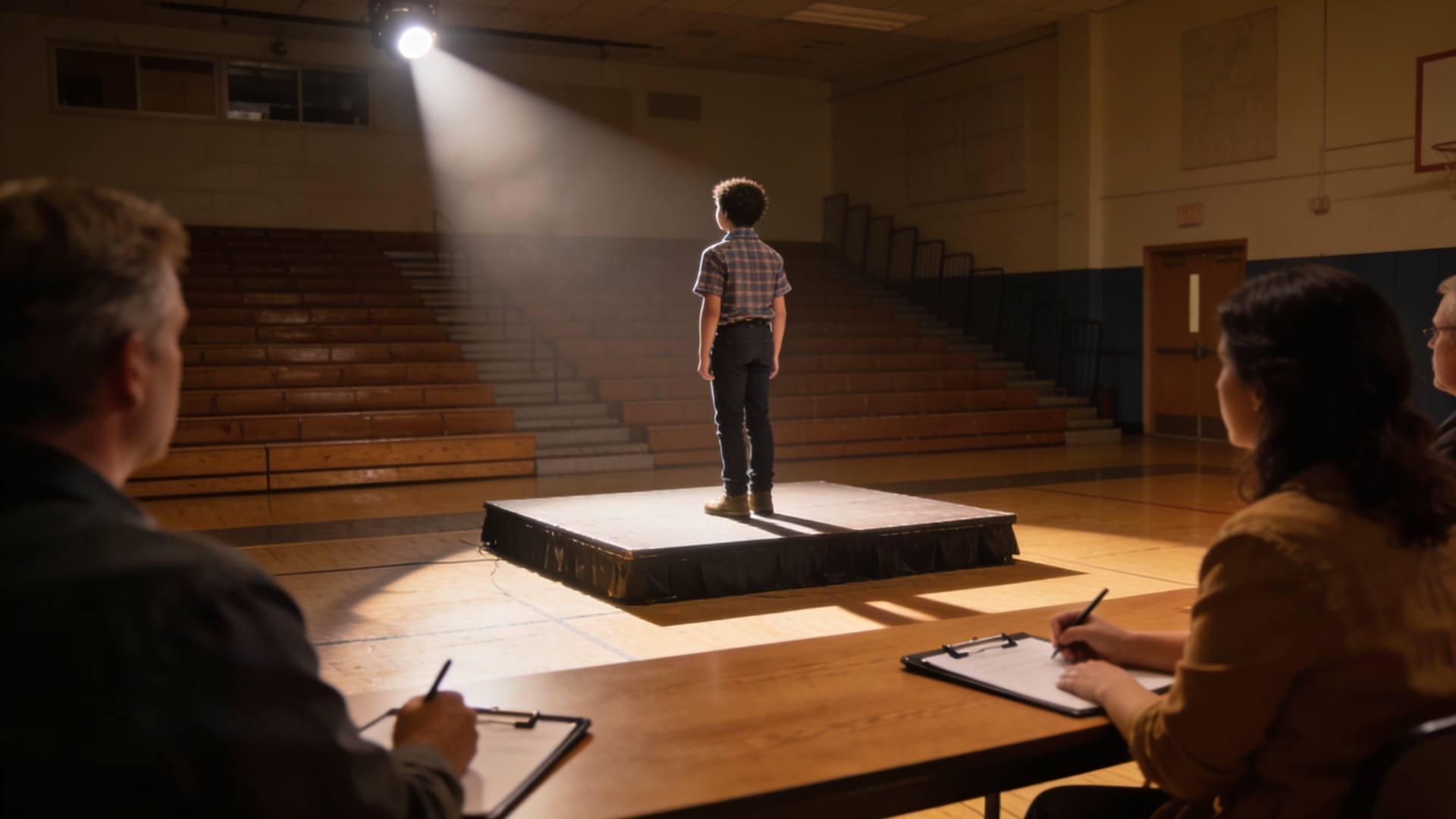 A young performer standing on a school stage under a spotlight while adults at a table take notes during auditions for a JR Musical.