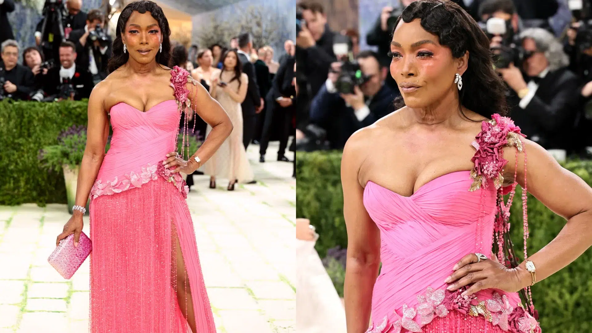 Angela Bassett in a structured bodice and flowing skirt by Prabal Gurung