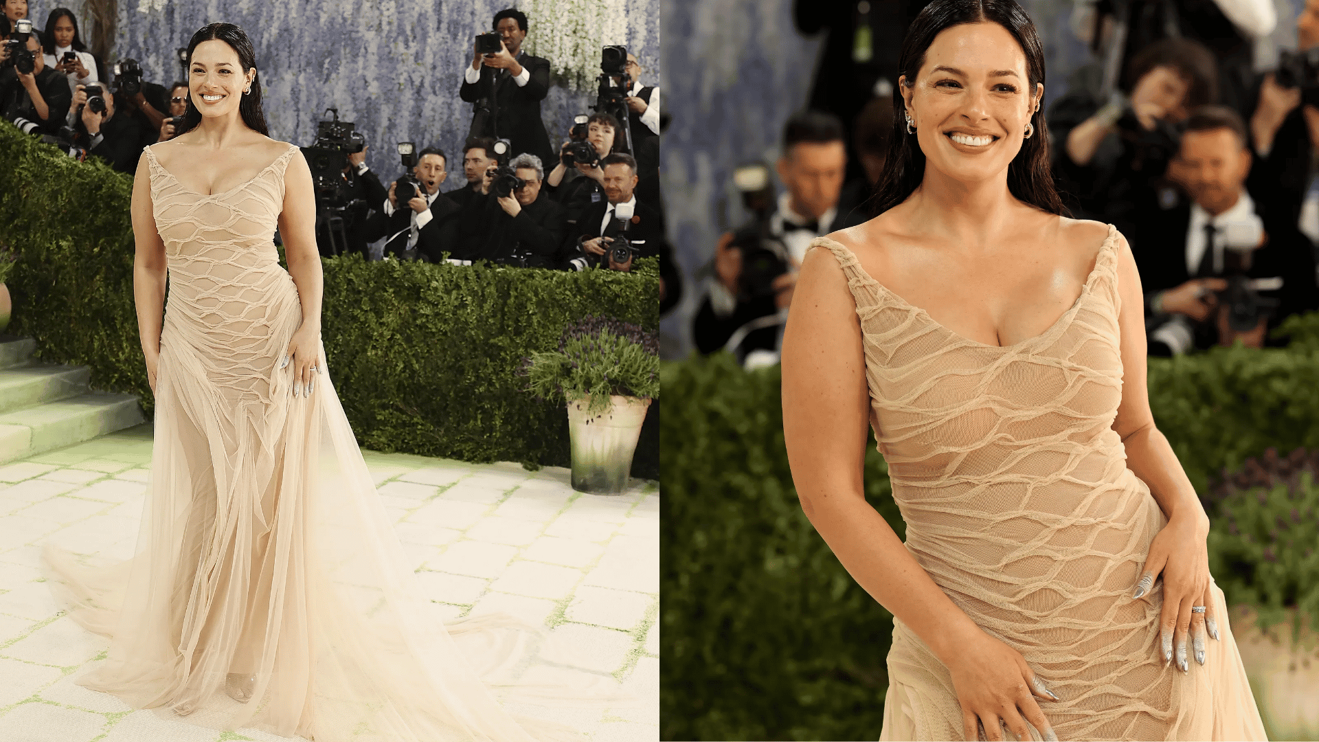 Ashley wore Di Petsa's signature wet-look draping gown
