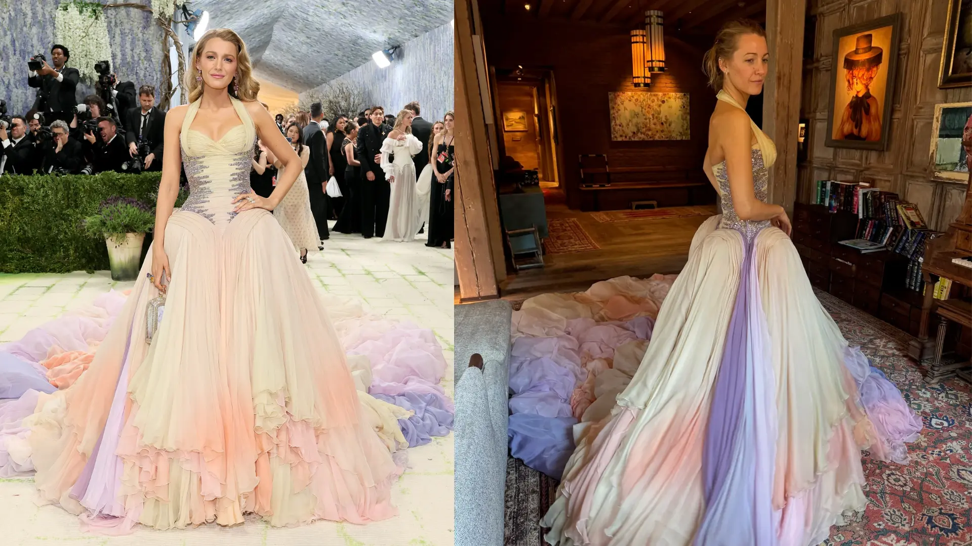 Blake wears a gold and purple Atelier Versace gown with a train featuring art by her four children