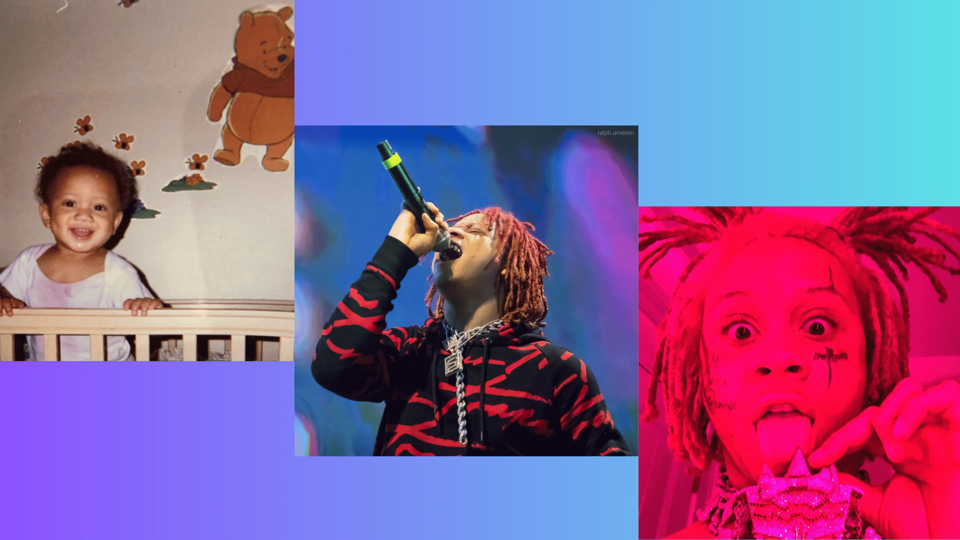 Collage of rapper Trippie Redd featuring childhood photo, live performance shot, and neon pink selfie portrait