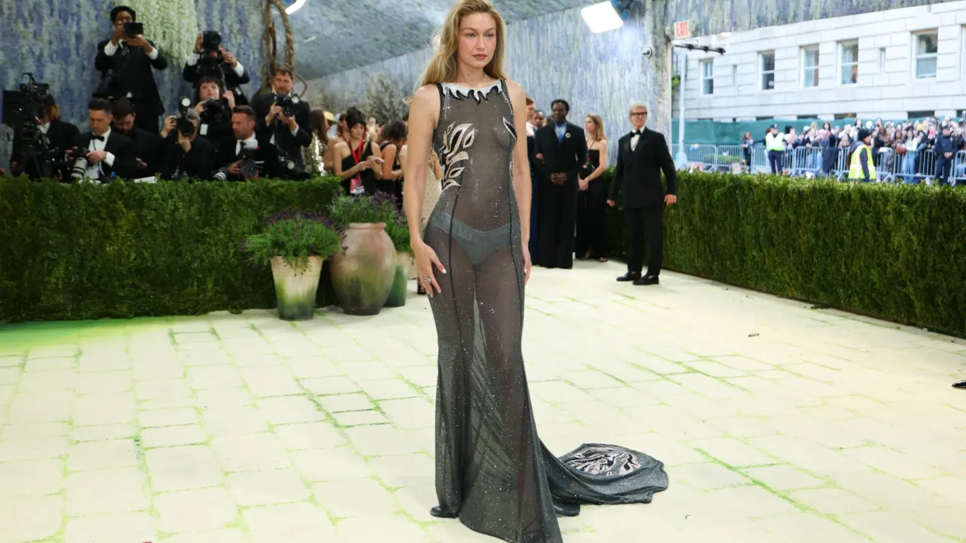Gigi stunned in a custom Miu Miu, designed by Miuccia Prada