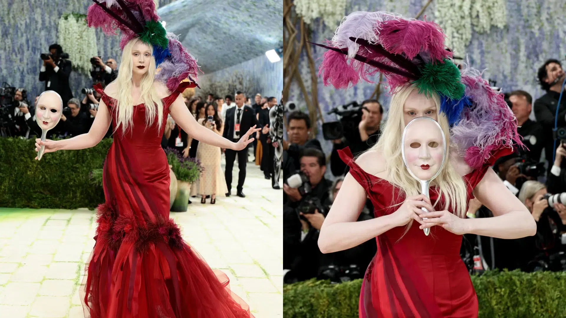 Gwendoline in a red gown accessorized with a mirror-shaped mask of her own face