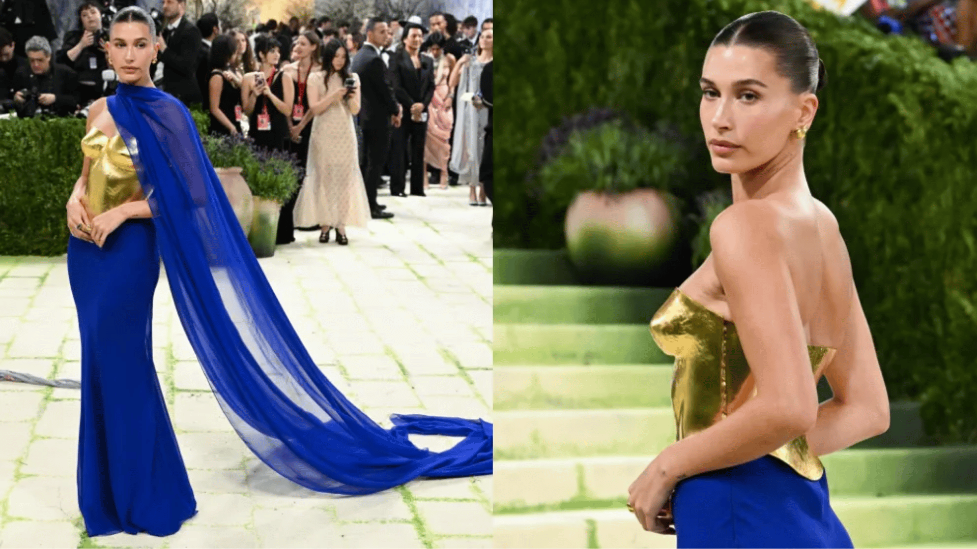 Hailey Bieber in custom Saint Laurent by Anthony Vaccarello