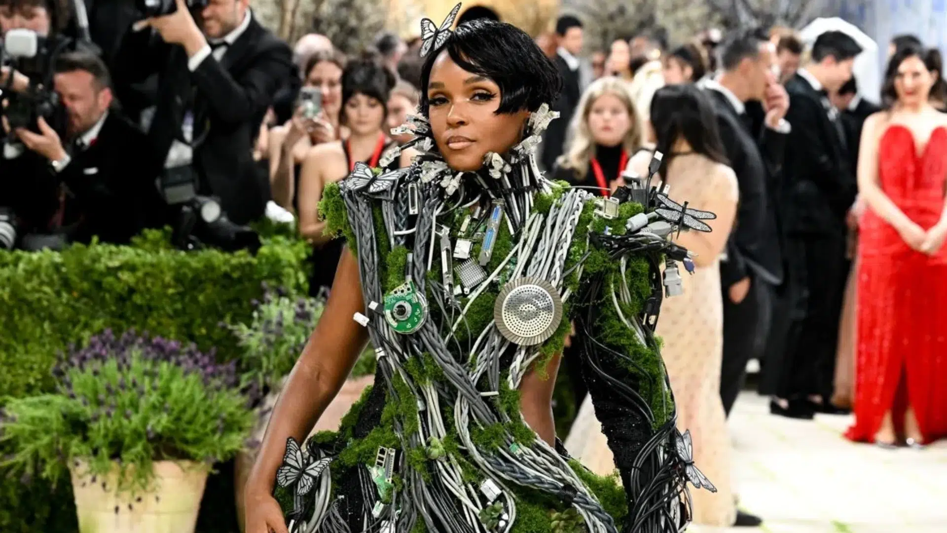 Janelle in a Christian Siriano eco-inspired gown made from recycled materials