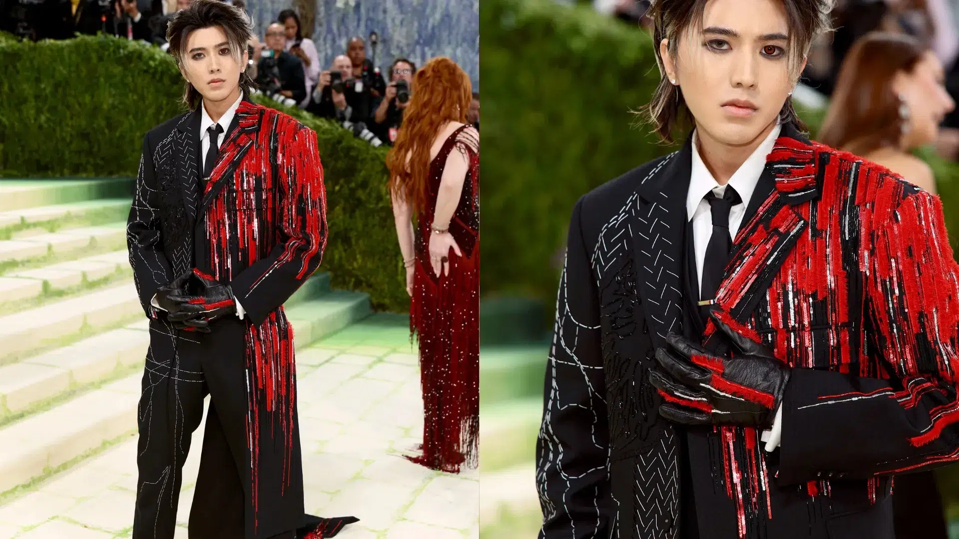 KUN in a suit with embroidered designs of the circulatory system