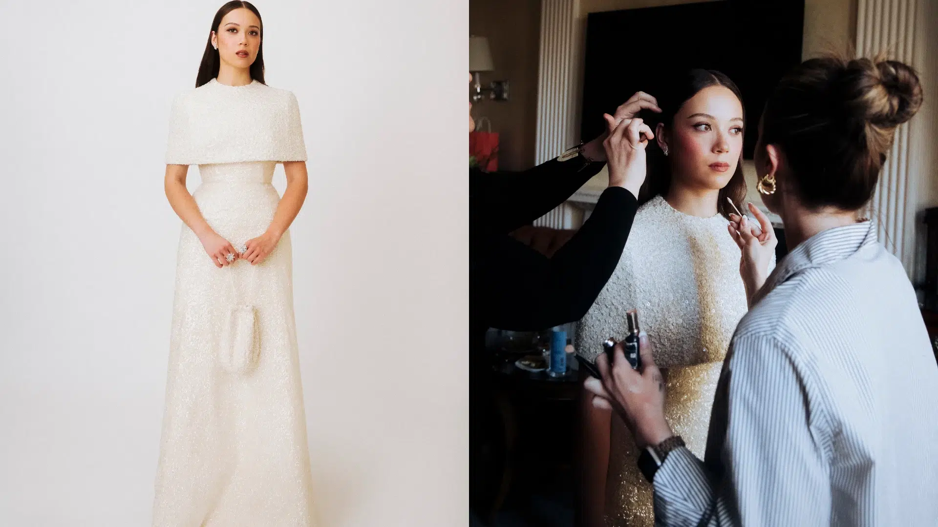 Laufey in a Tory Burch statue gown with clean architectural lines