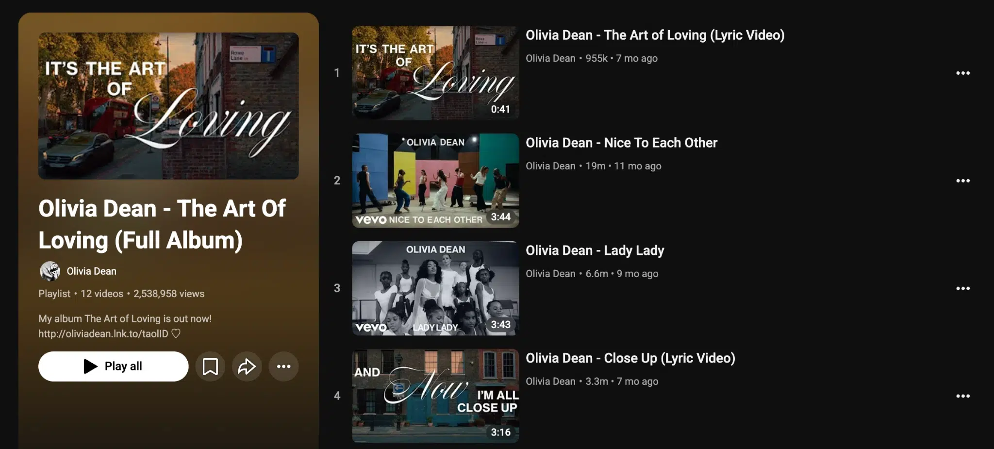 YouTube playlist of Olivia Dean’s “The Art of Loving” full album with videos, including lyric videos and tracks