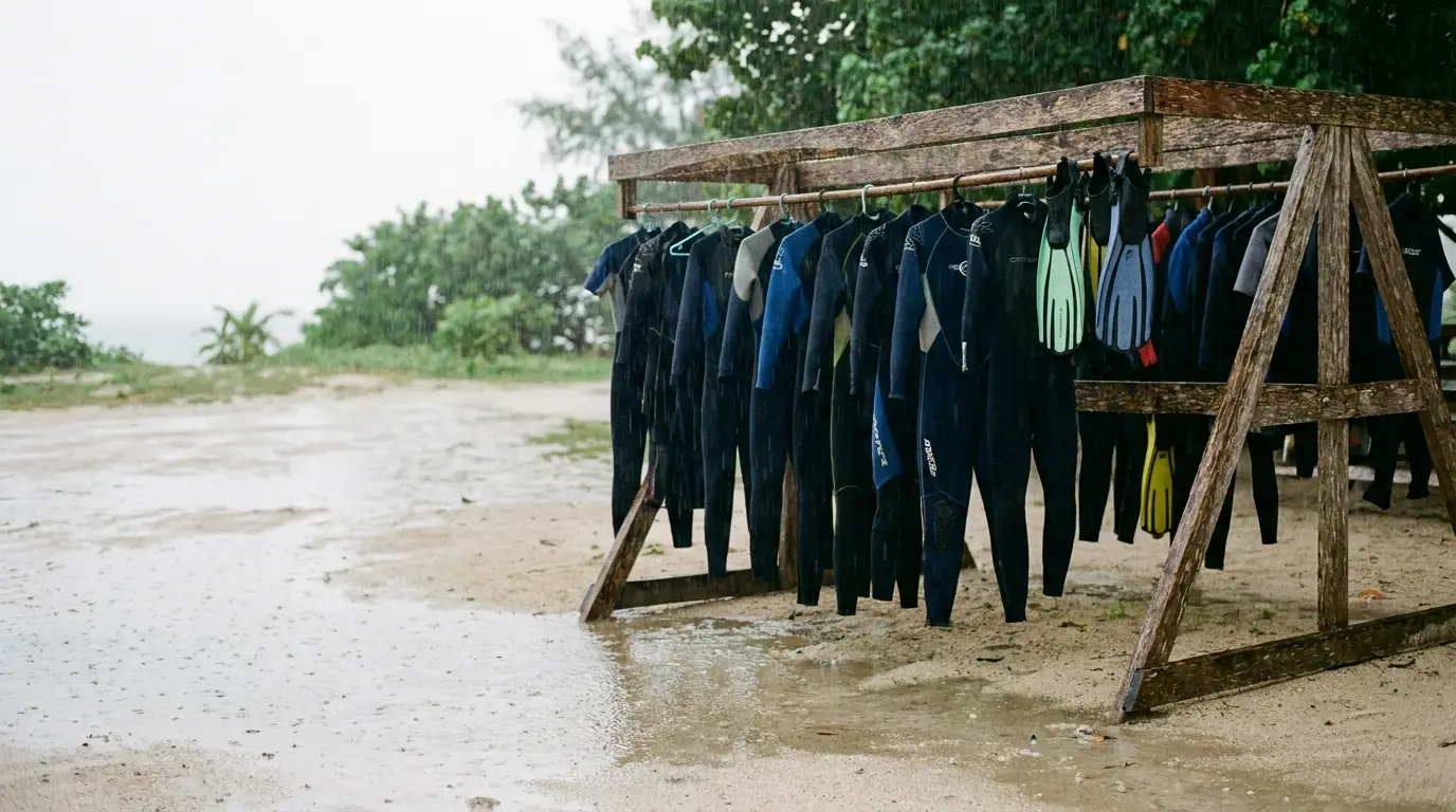 Wetsuits hanging on wooden rack outdoors under rain with greenery in background