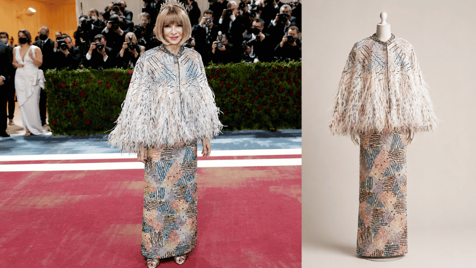 anna wintour wearing feathered pastel glamour and her signature style for 2022 met gala