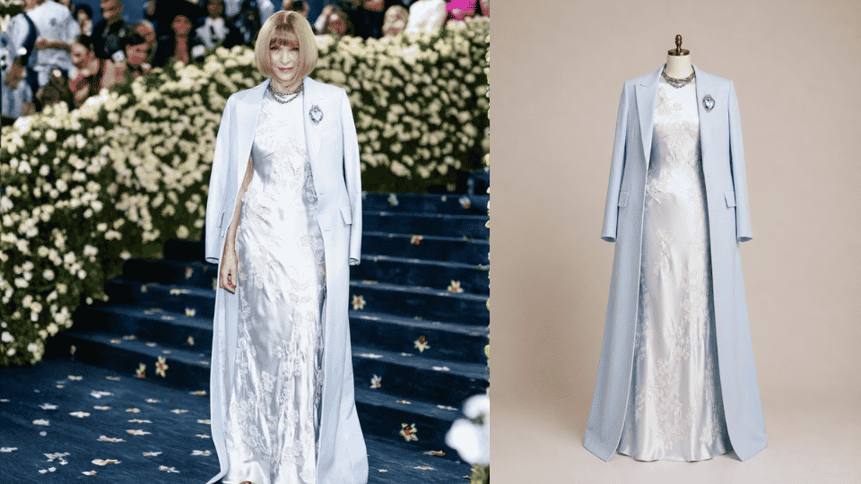 anna wintour wearing louis vuitton blue coat and silver dress and her signature style for 2025 met gala