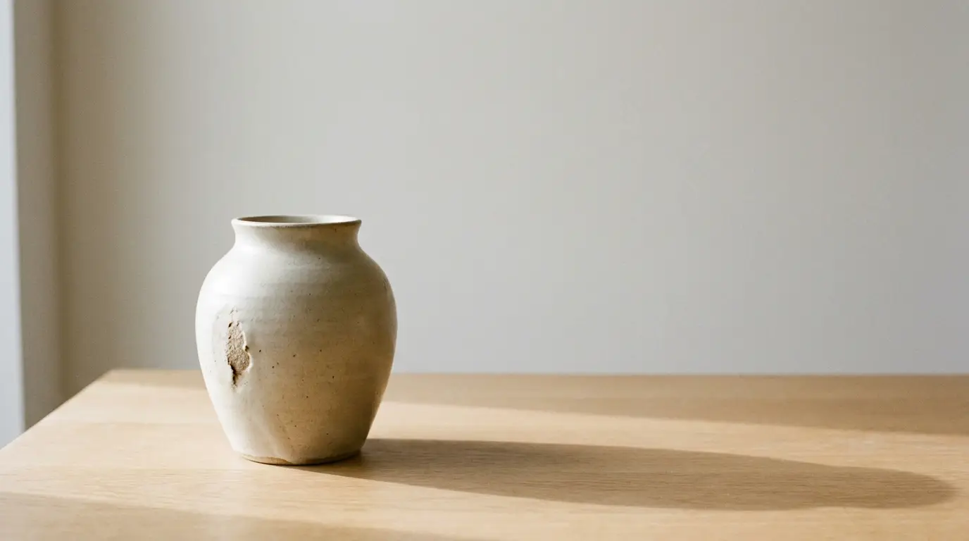 Ceramic vase with textured surface on light wooden table in bright minimalist setting