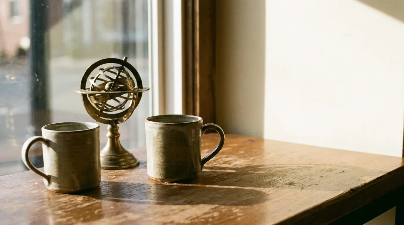 Two ceramic mugs and brass armillary sphere on sunlight-lit wooden windowsill
