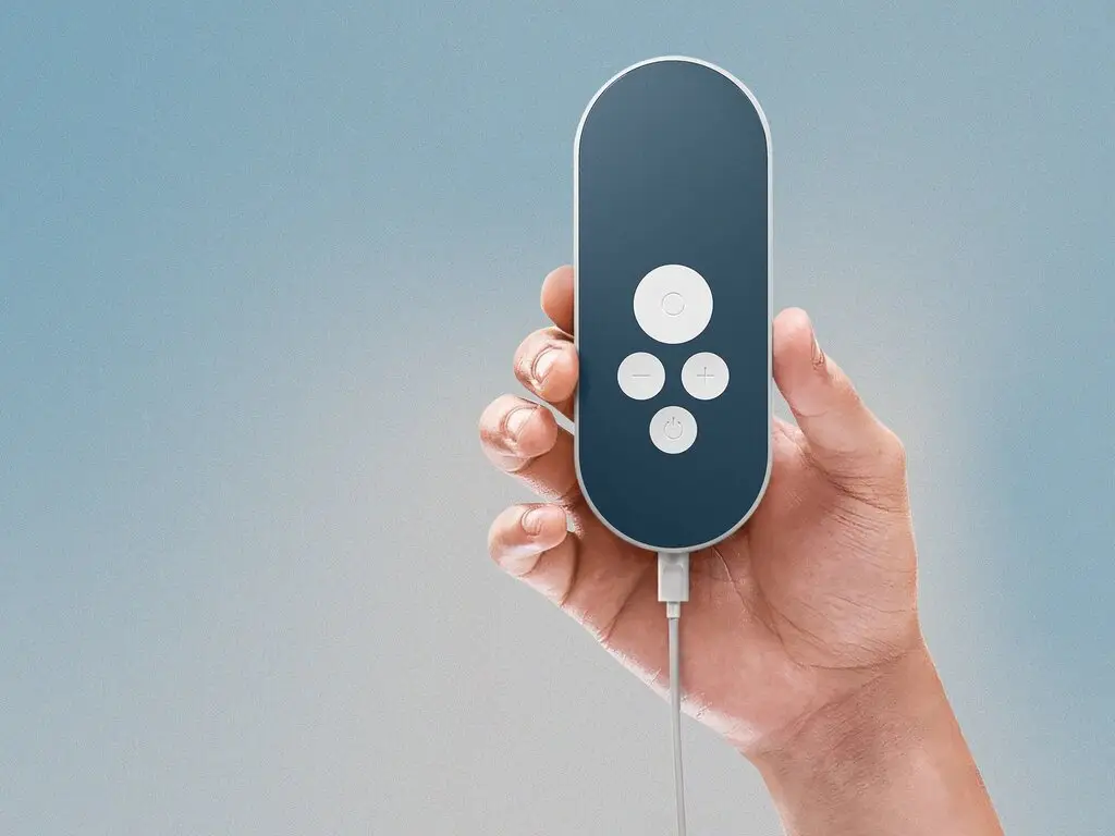 Hand holding a sleek black remote control with four buttons against a blue background