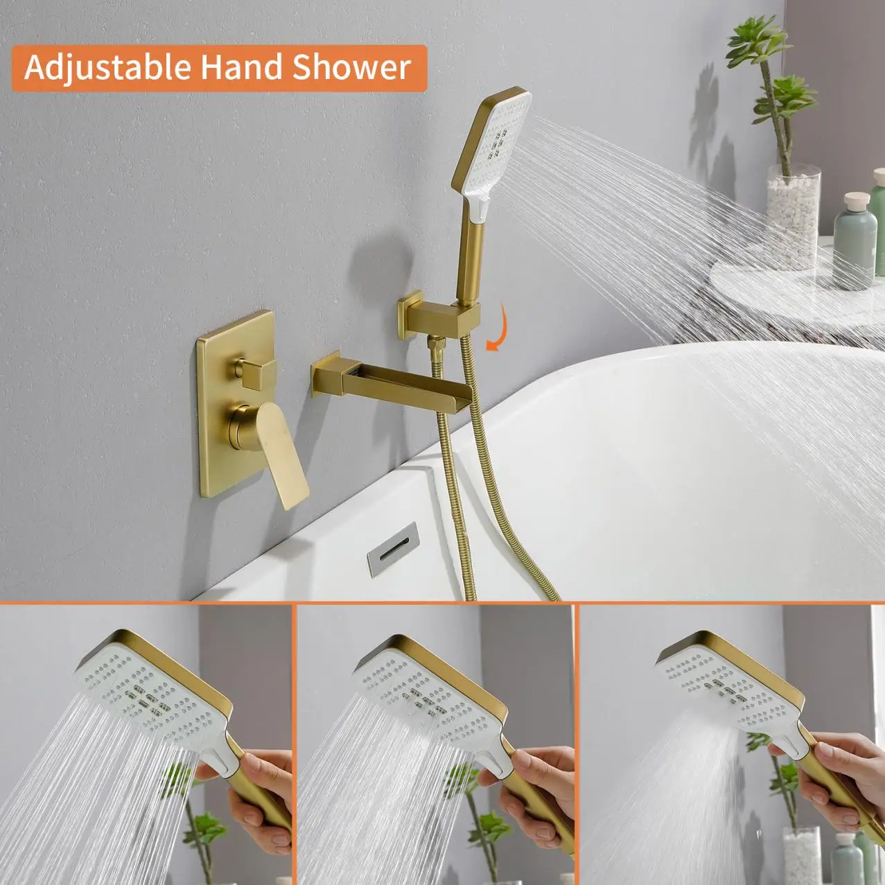 Gold handheld showerhead spraying water into white bathtub with modern gray wall background
