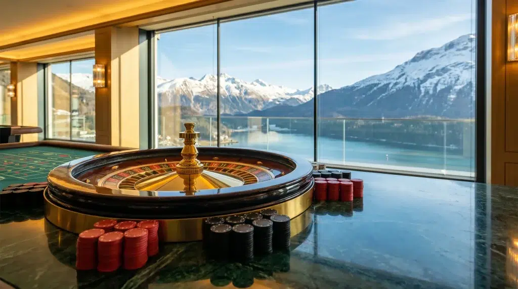Roulette table with stacked chips in luxurious casino overlooking snowy mountain lake scene