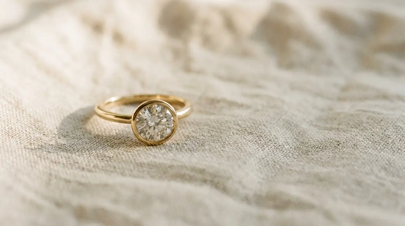 Gold ring with a single diamond on textured beige fabric in soft light