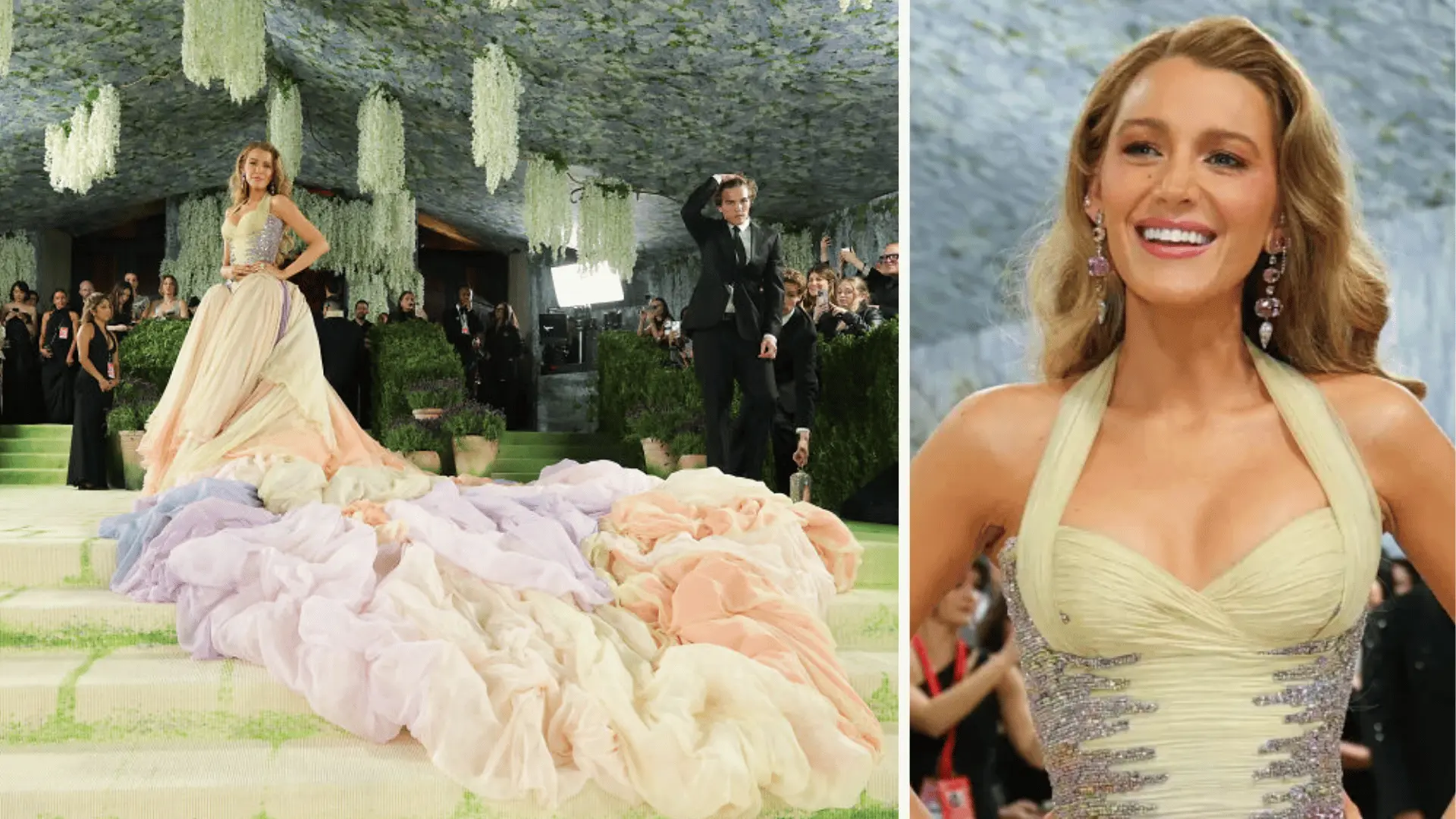 blake lively in pastel ombre versace ball gown with voluminous ruffled train at met gala 2026