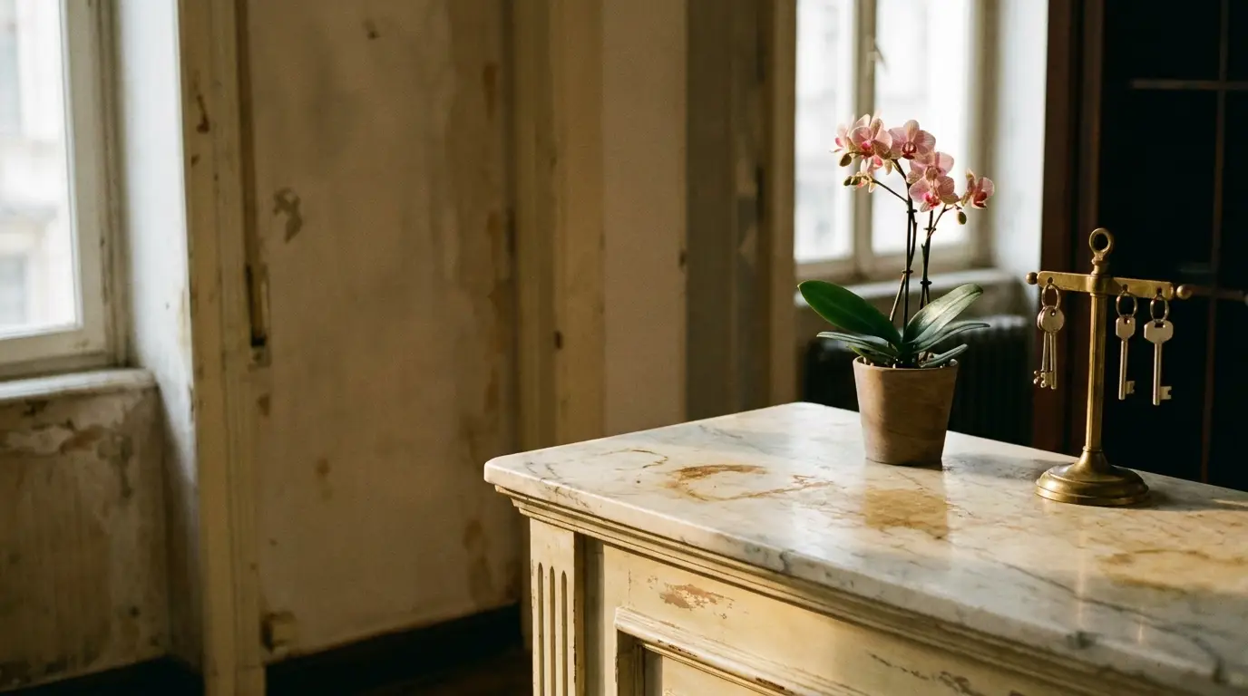 Potted orchid and brass key holder on vintage marble table in dim room