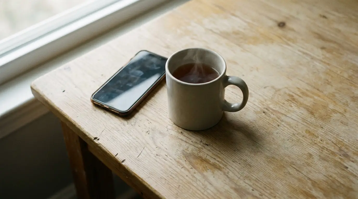 Steaming mug and smartphone on wooden table by window in natural light