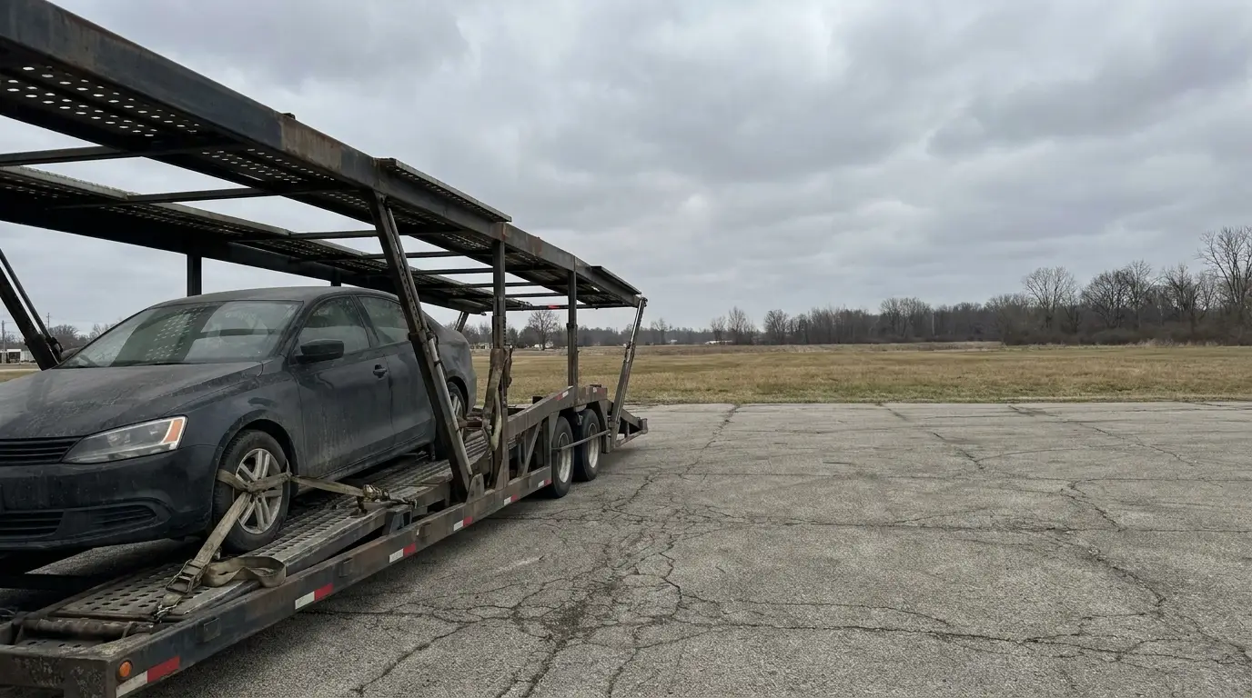 Car loaded on a transport trailer in an empty outdoor parking lot under cloudy sky