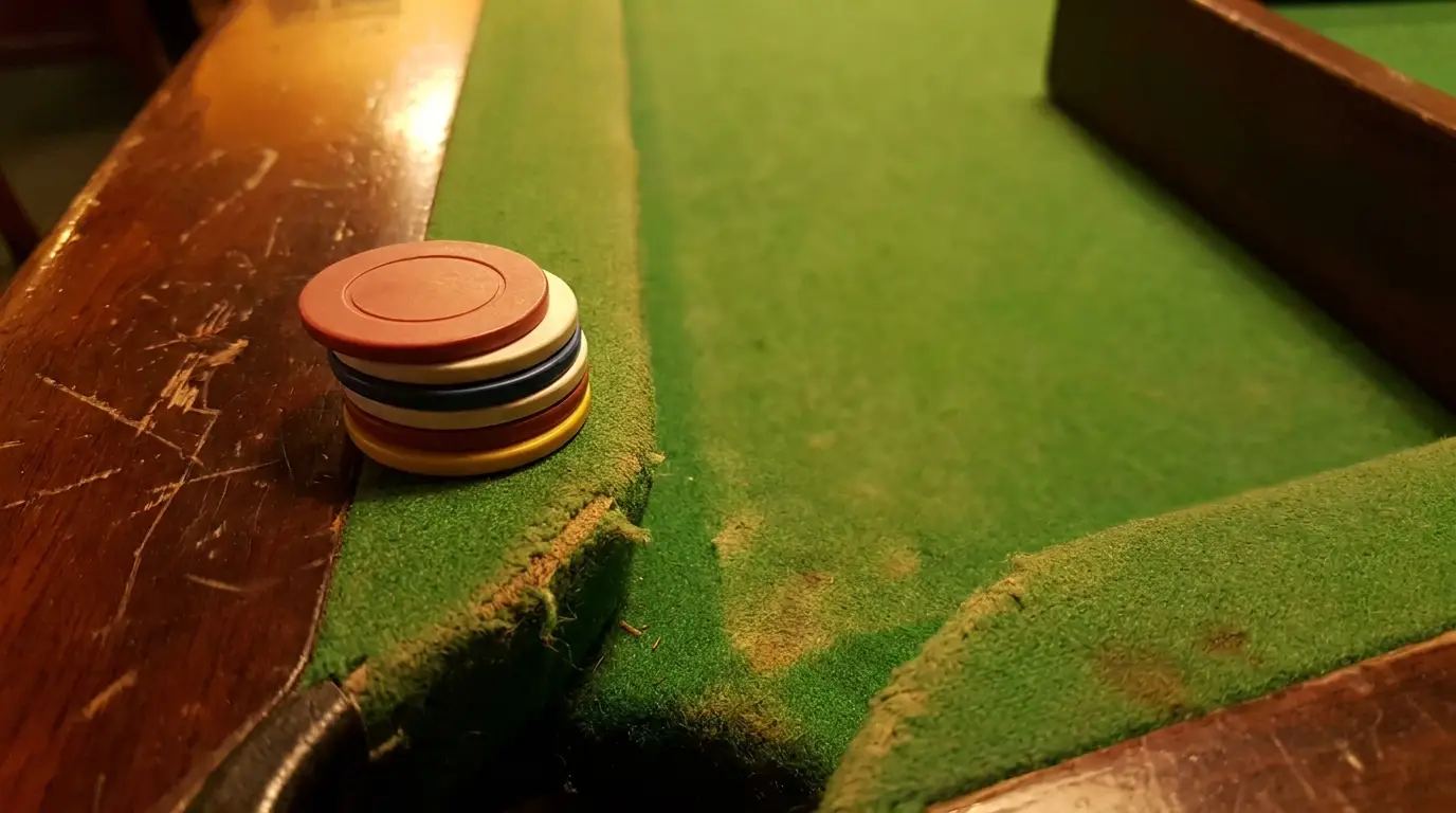 Poker chips stacked on edge of worn green billiard table in dimly lit room
