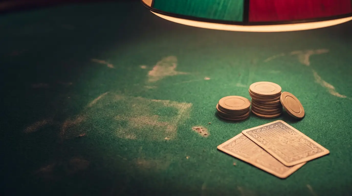 Poker chips and playing cards on a dimly lit casino table