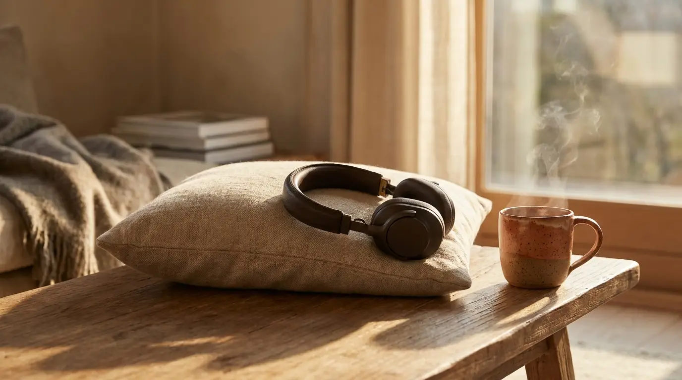 Cozy living room with headphones on pillow and steaming coffee mug on wooden table
