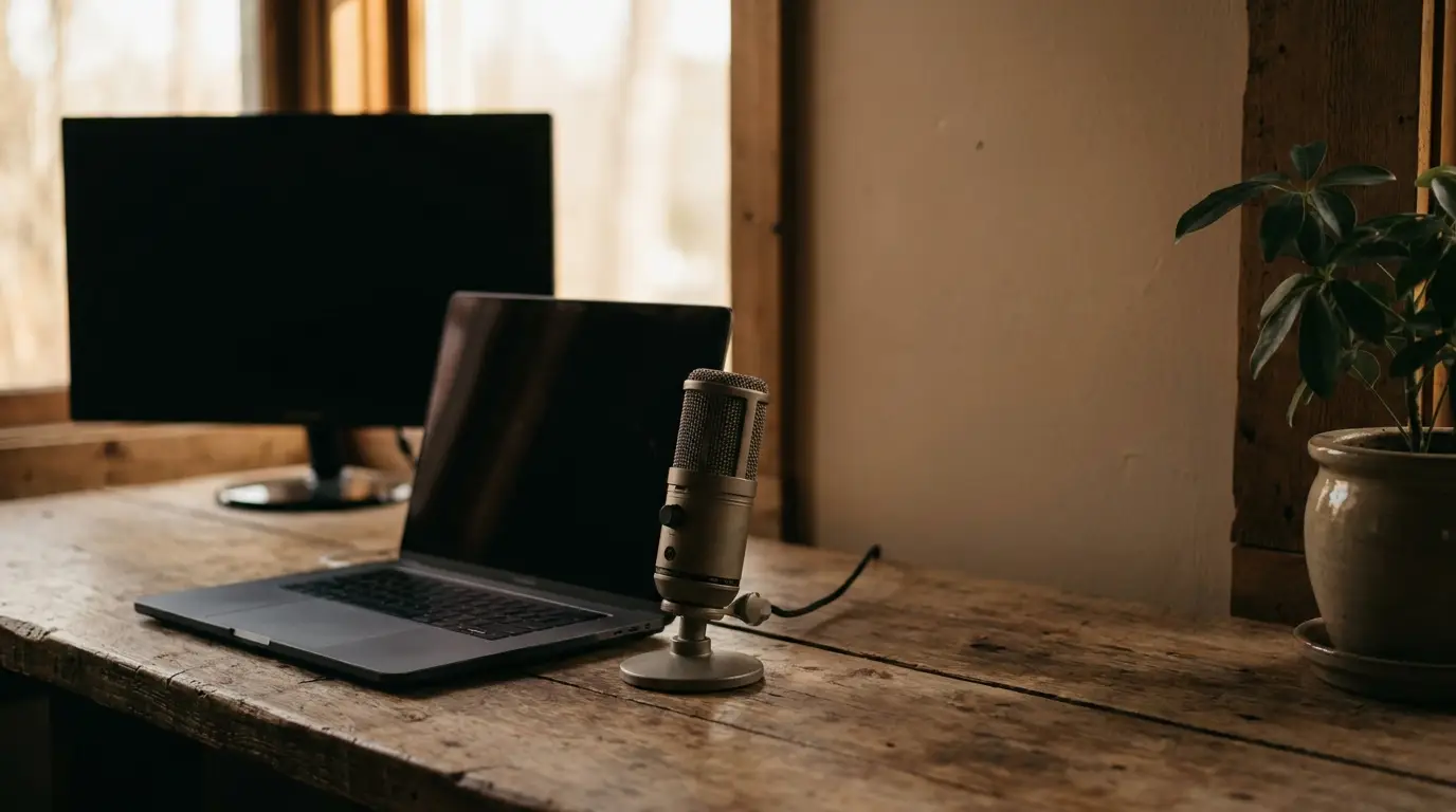 Laptop, microphone, and potted plant on wooden desk in warm-lit home office setting