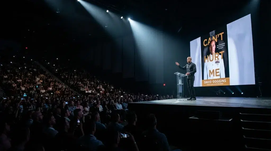 david goggins speaks on stage to a large audience with can’t hurt me book displayed behind him during an event