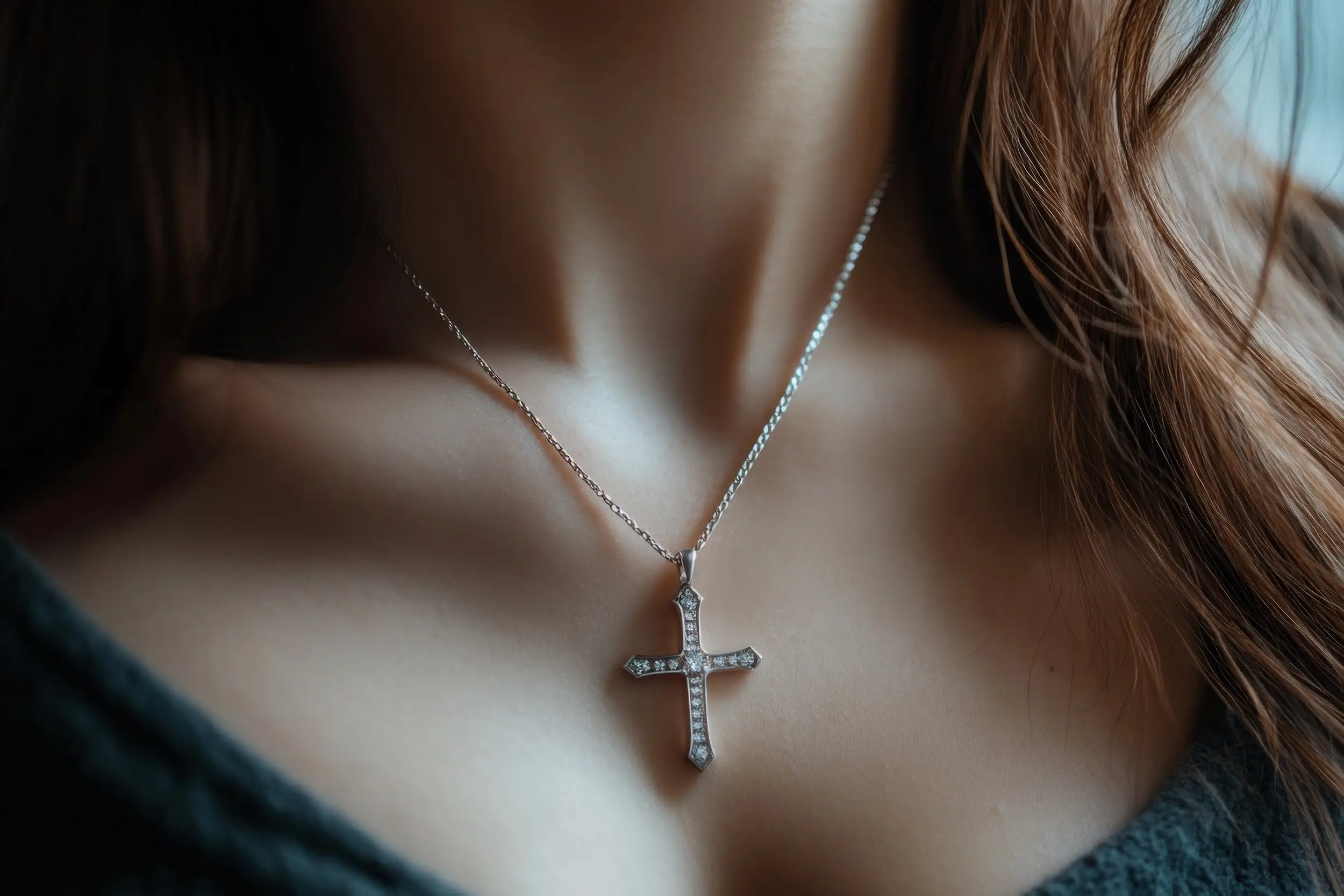 Silver cross necklace worn on person with chestnut hair in soft lighting