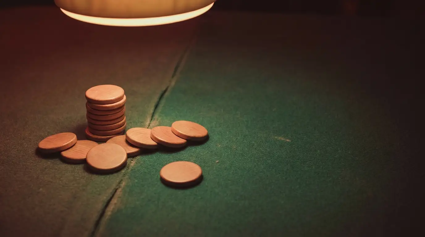 Stack of wooden chips on green felt table under warm light