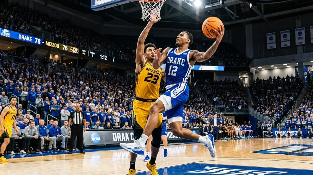 drake player drives to basket against missouri defender during a basketball game, and the scoreboard shows a close score
