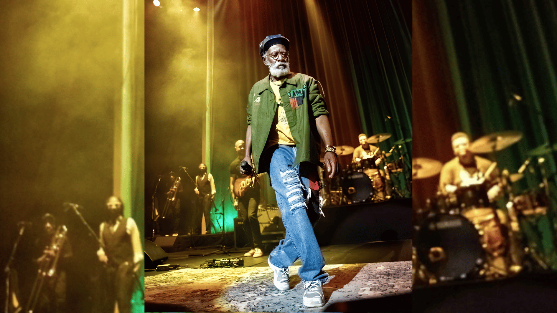 elderly man in green jacket and ripped jeans walking across stage during live concert.