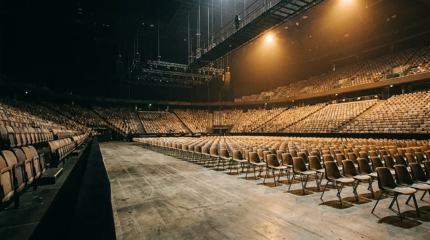 Empty arena with rows of brown seats under warm overhead lighting