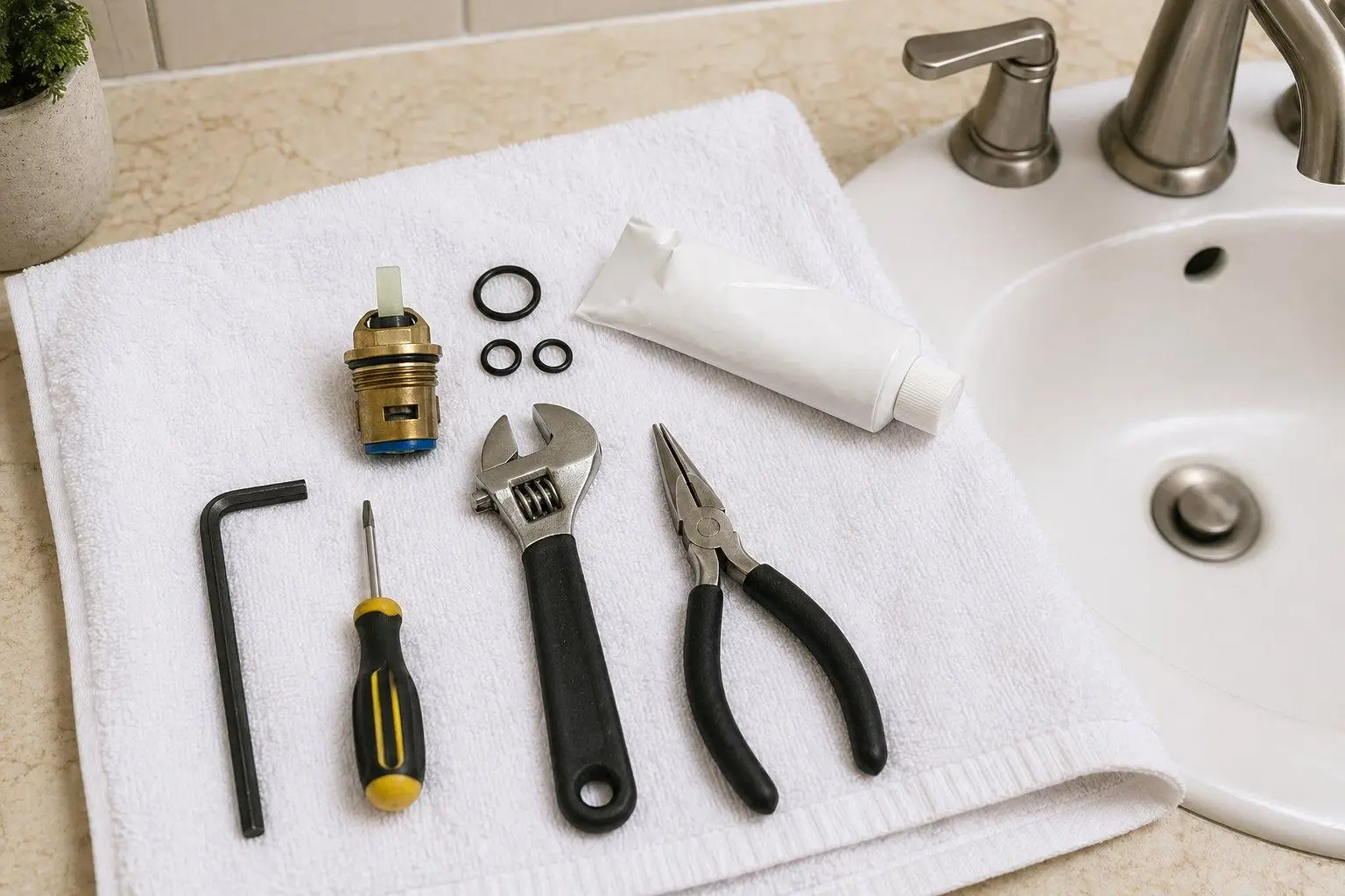 Plumbing repair tools on white towel beside bathroom sink