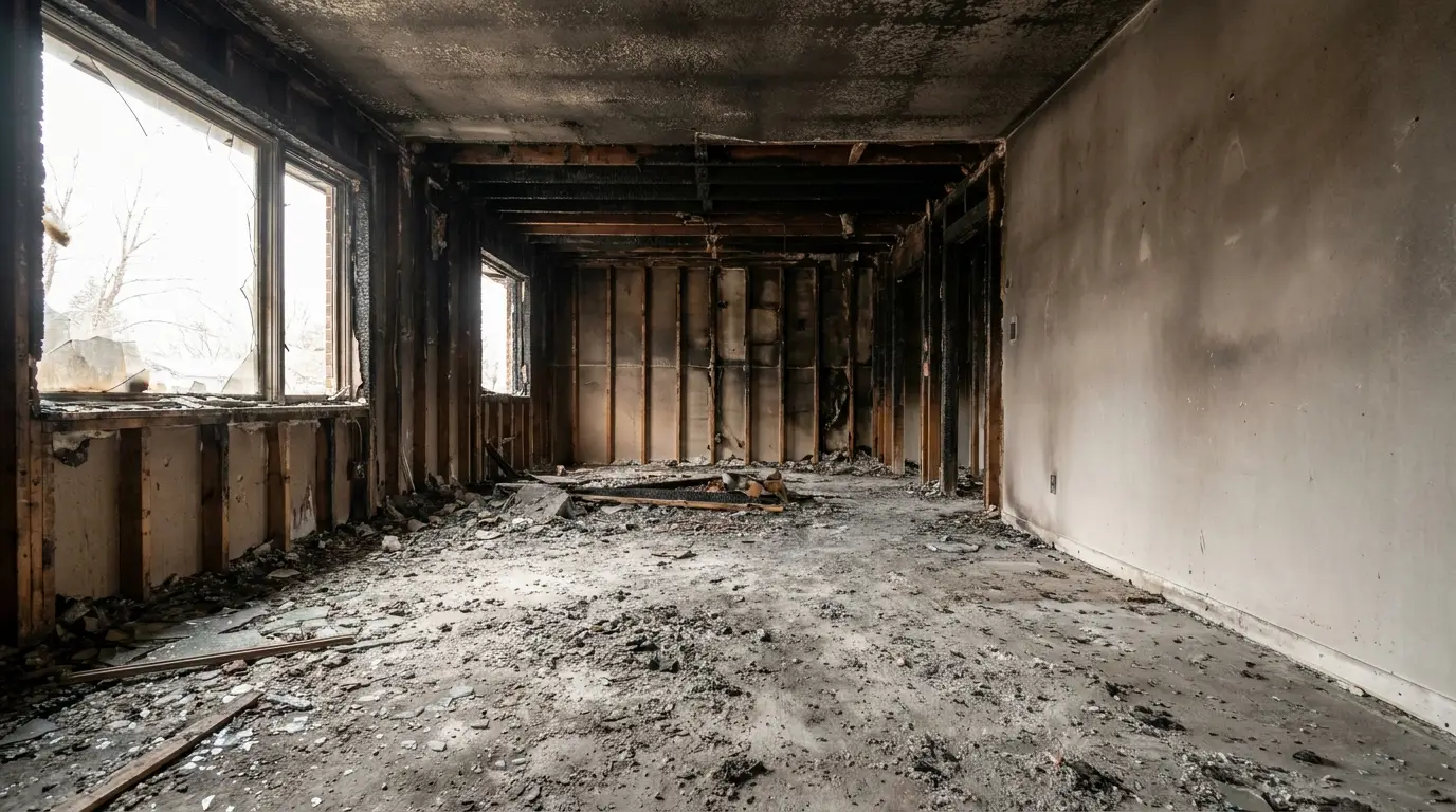 Burned interior of a building with charred walls, exposed beams, and debris on the floor