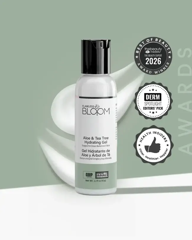 Hydrating gel product with aloe and tea tree on sage background with award seals