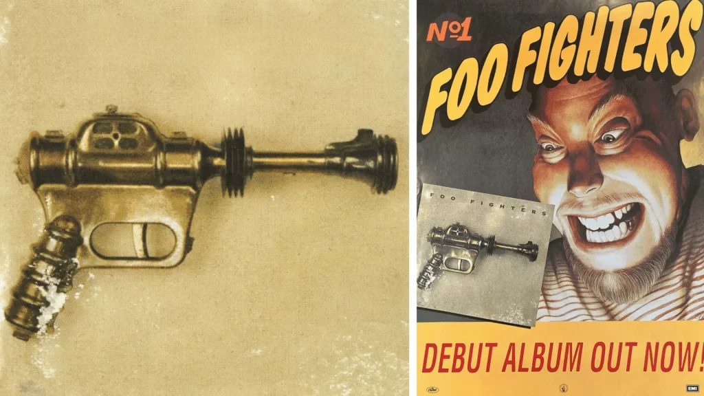 foo fighters self titled debut album cover with vintage ray gun and no1 promotional poster by emi records