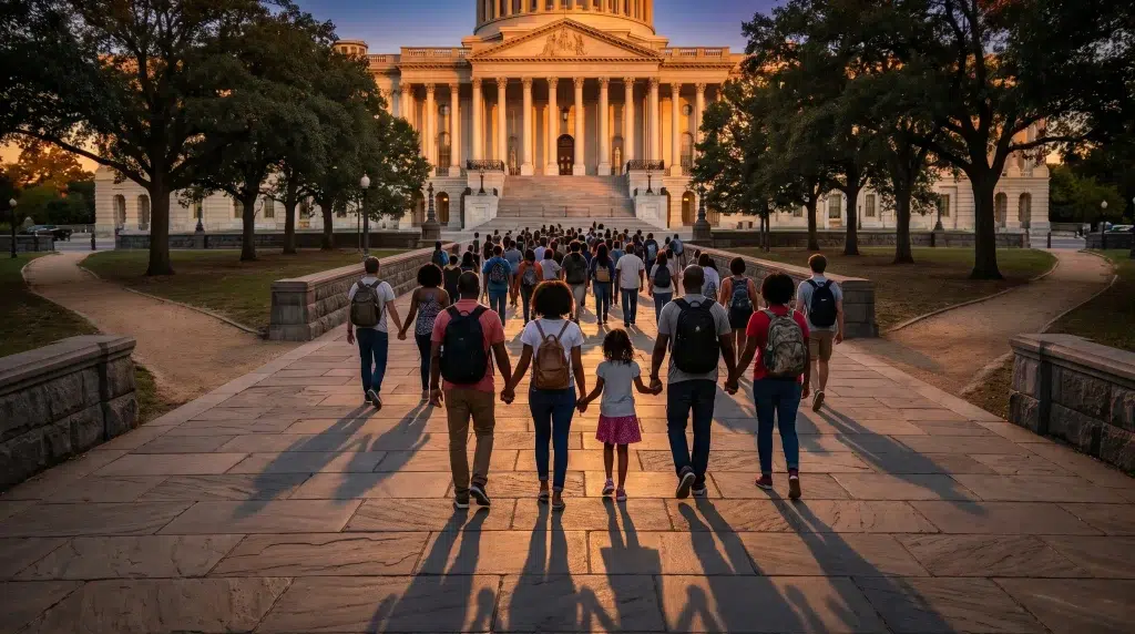 Crowd walking towards a historic building at sunset with warm lighting, surrounded by trees