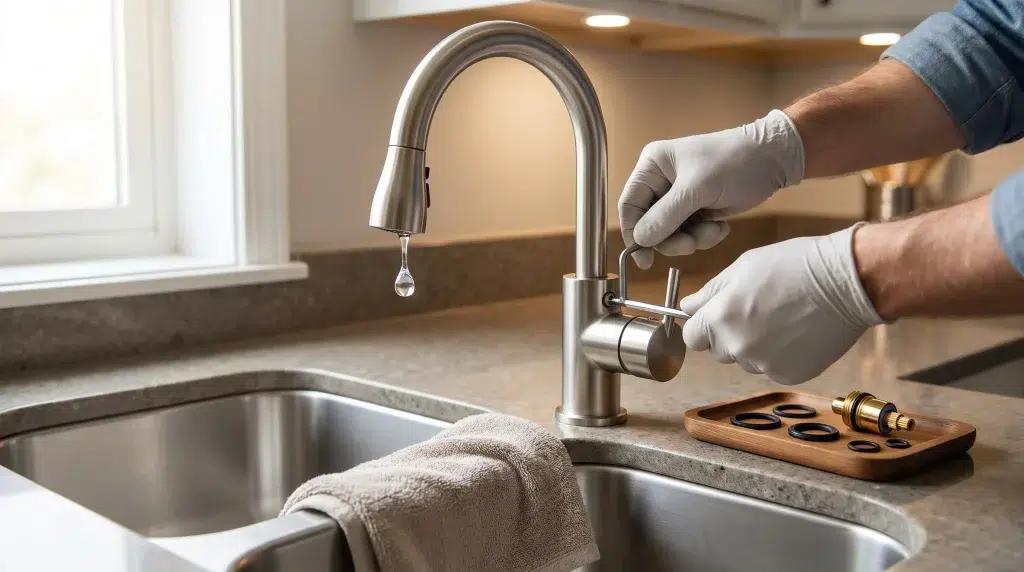 Installing kitchen faucet with gloves next to tray of plumbing parts on granite countertop