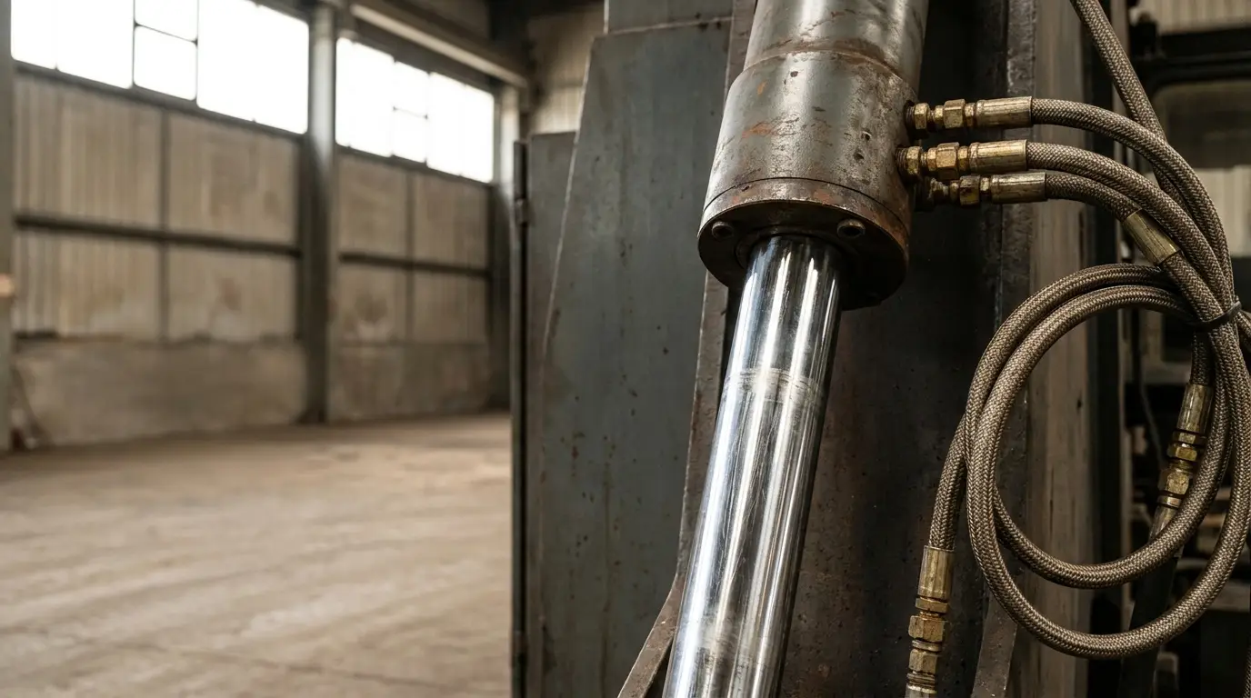 Close-up of hydraulic piston and hoses in an industrial warehouse setting