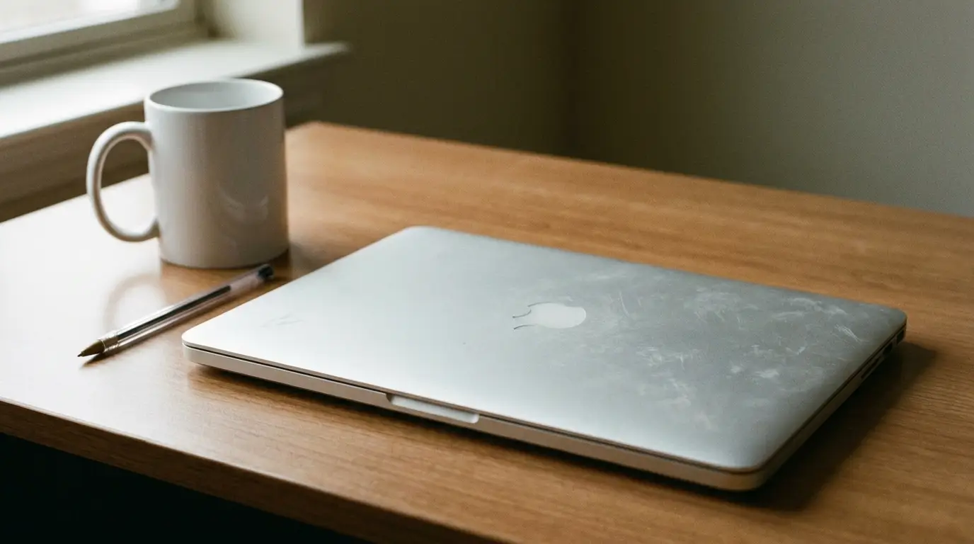 Closed laptop on wooden desk next to a white mug and a pen