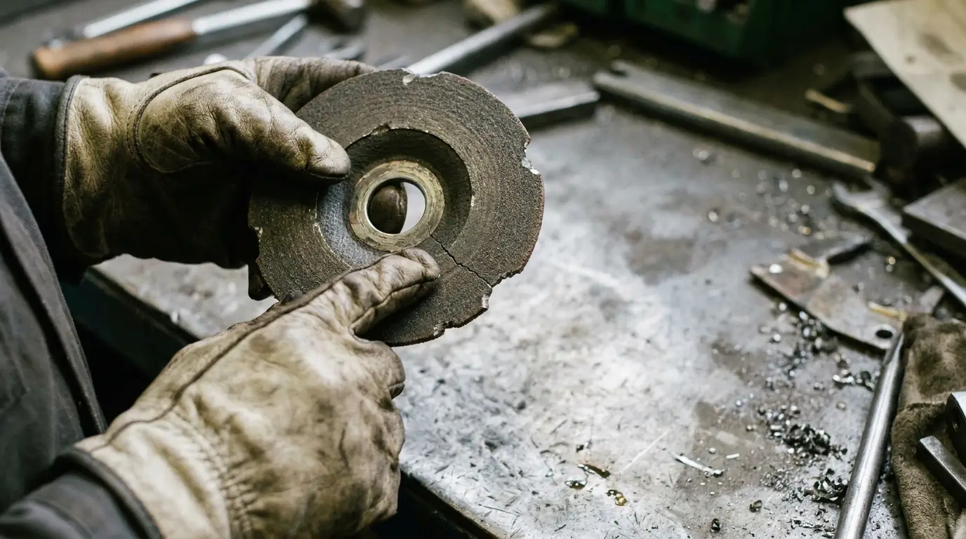 Worker in gloves examining worn grinding disc on cluttered metal workbench