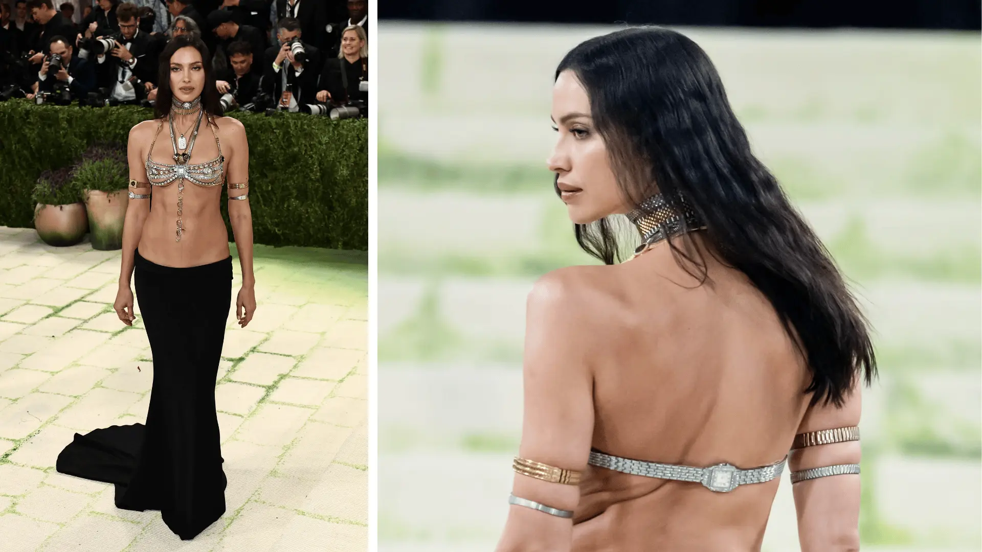 irina shayk in alexander wang jewellery only look with watch armbands and chain top at met gala 2026